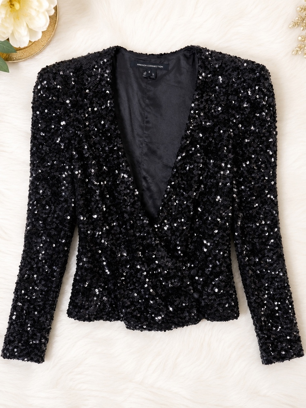 French Connection Black Sequin Blazer Jacket Size 4 Elegant